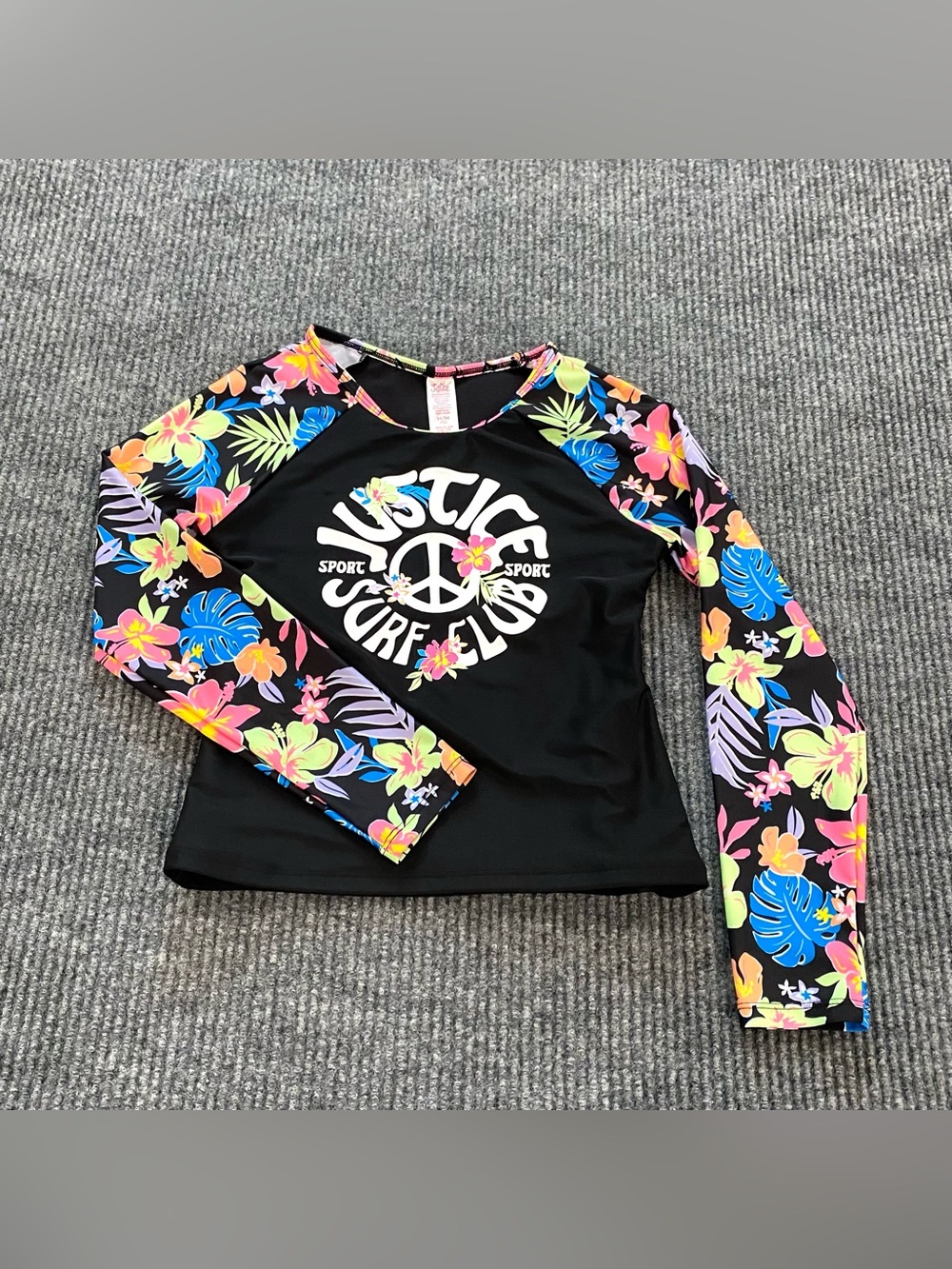 Justice Sport Girls M (10) Rash Guard Swim Shirt Long Sleeve Floral Peace Lake
